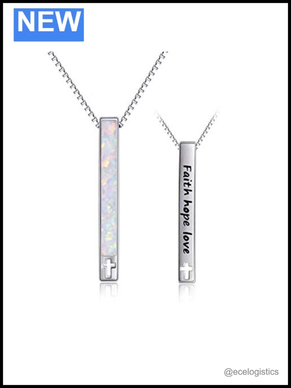 925 Sterling Silver Opal Vertical Bar Pendant Necklace Faith Hope Love